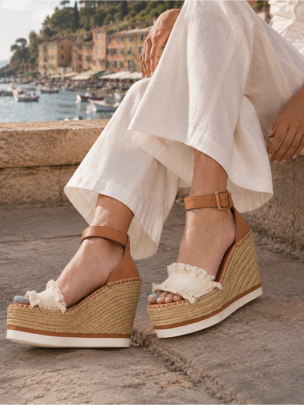 See by Chloé Glyn Espadrille Wedge Sandals Size 7 Tan Ivory Fringe Boho